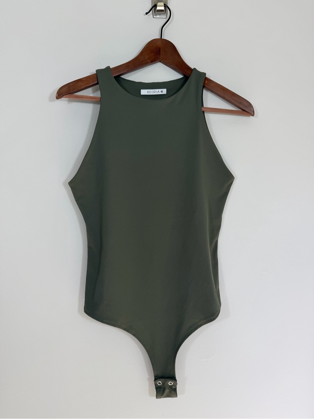 REORIA Olive Green High Neck Sleeveless Thong Bodysuit Medium